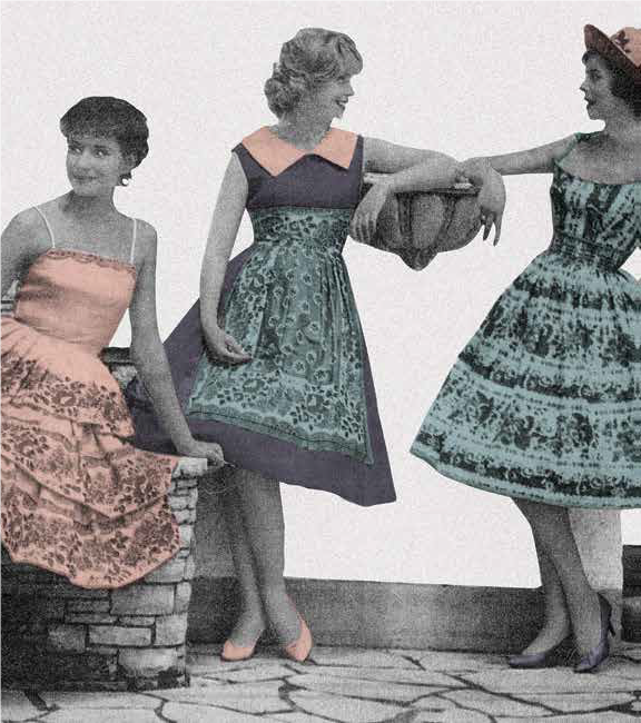 Das PLakat zeigt drei Frauen mit Kleidern der 60er Jahre in rosa und hellblau