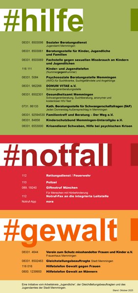 Aktualisiertes Notfall-Plakat für Jugendliche ab sofort erhältlich (Design: R. Niesenböck/Stadt Memmingen)